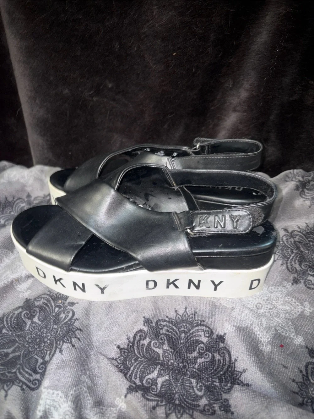 DKNY Black Crisscross Platform Sandals with White Logo Platforms